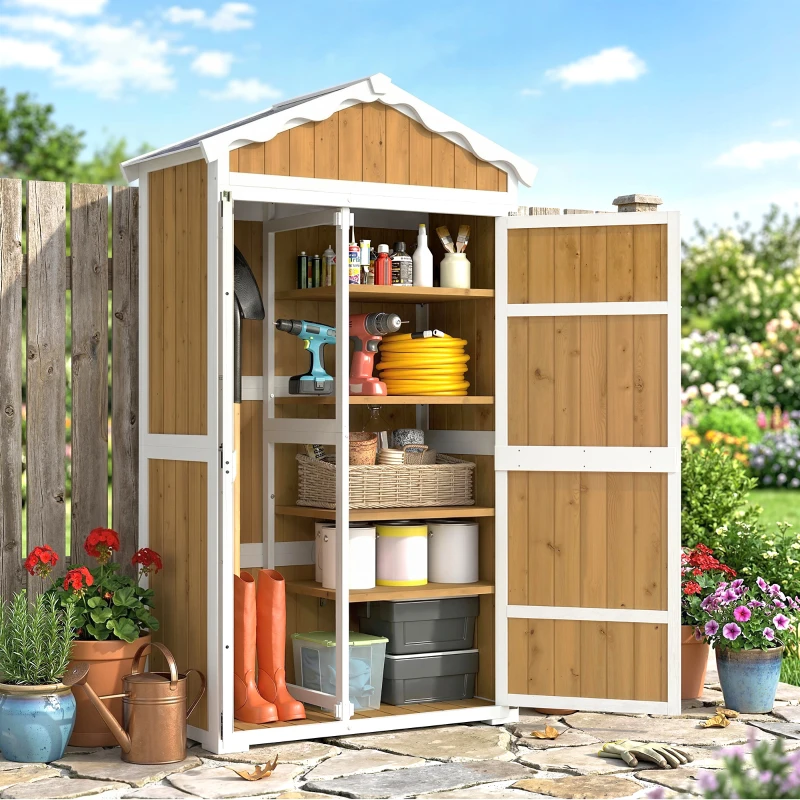 Outsunny Caseta de Jardín de Madera 105x55x179 cm Armario para Herramientas con 4 Estantes Techo de Metal Galvanizado Natural