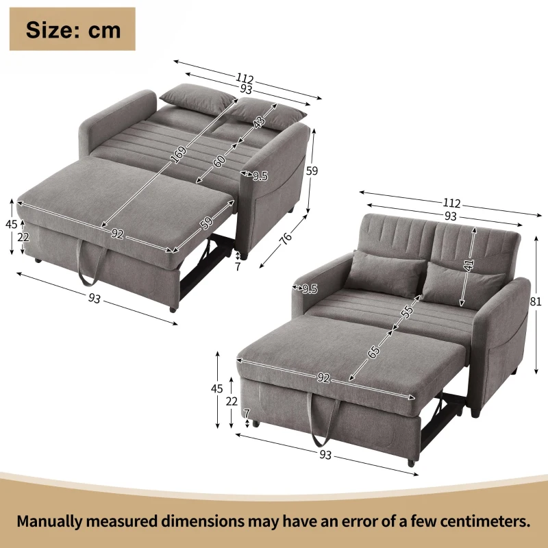 Adjustable Sofa Bed with 3-Level Backrest, Cozy Couch for Small Apartments, Living Rooms, or Bedrooms, 112L x 169W x 59H cm, Dark Grey