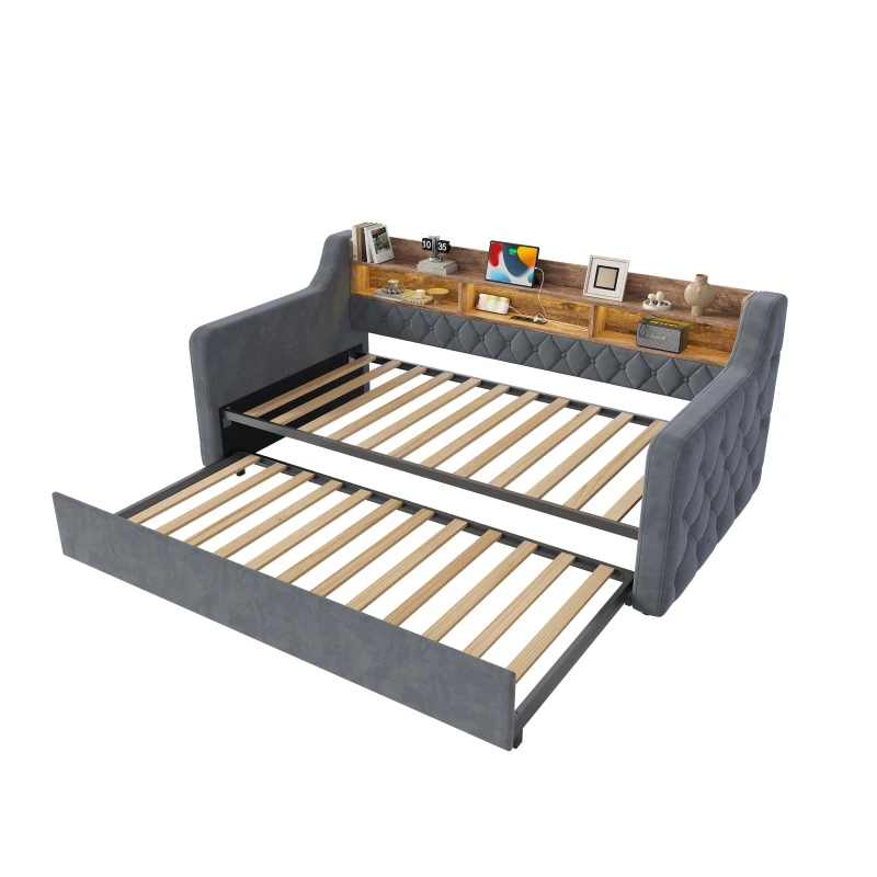 90x190 cm Sofa Bed with Velvet Upholstery, 2-in-1 Space-Saving Daybed for Modern Homes, 201L x 107W x 80H cm, Dark Gray