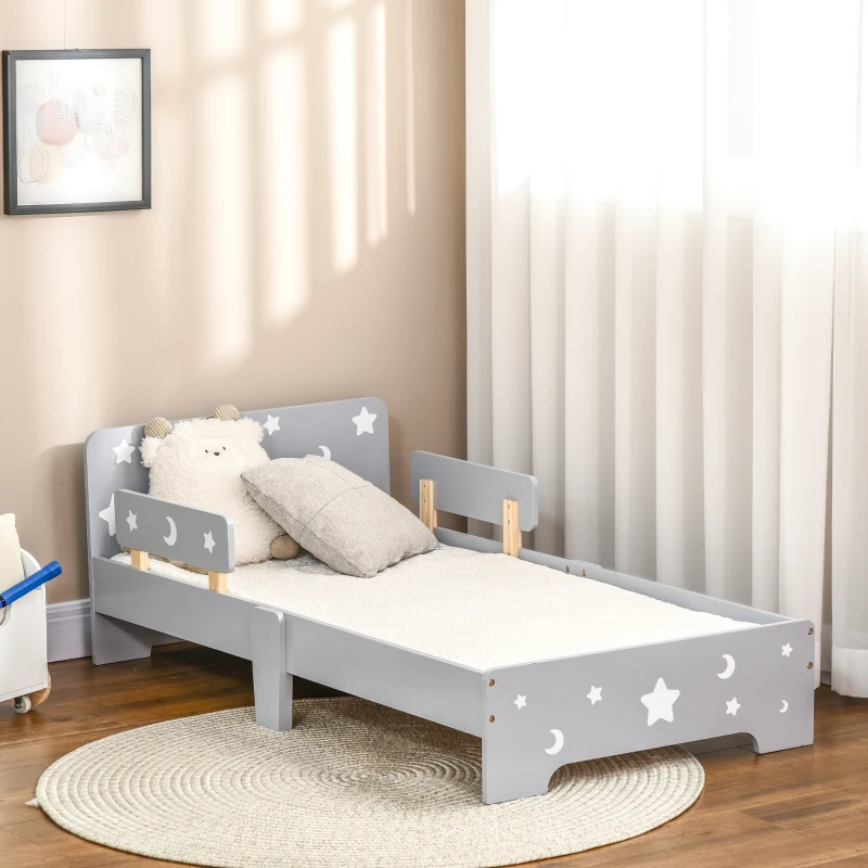 ZONEKIZ Lit pour enfants de 3 à 6 ans design étoiles et lune sommier à lattes inclus chambre moderne 143 x 76 x 49 cm gris
