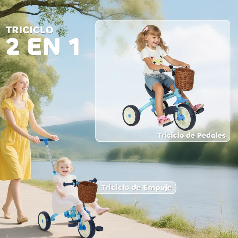 AIYAPLAY Triciclo para Bebés 2 en 1 para 2-5 Años con Barra Parental Pedales Antideslizantes, Reposapiés Plegables y Cesta Azul