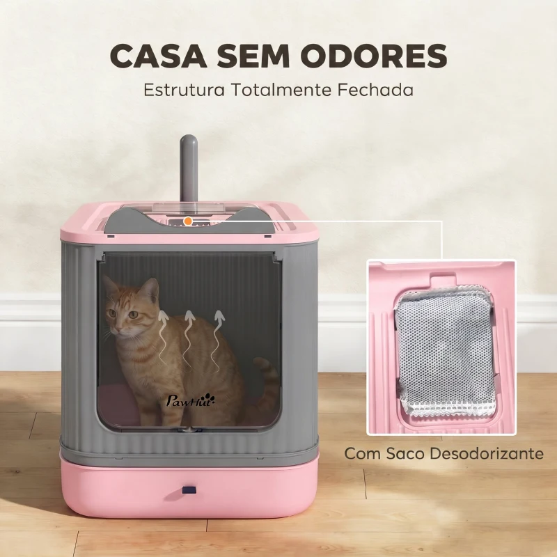 PawHut Caixa de Areia Fechada para Gatos M com Tampa, Saída Superior, Pá, Filtros Desodorizantes, Fácil de Limpar, Rosa