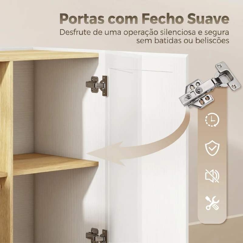 HOMCOM Aparador Moderno com 2 Prateleiras Abertas e 2 Portas de Fecho Suave para Sala de Jantar e Sala de Estar 133x35x79,7 cm Natural e Branco