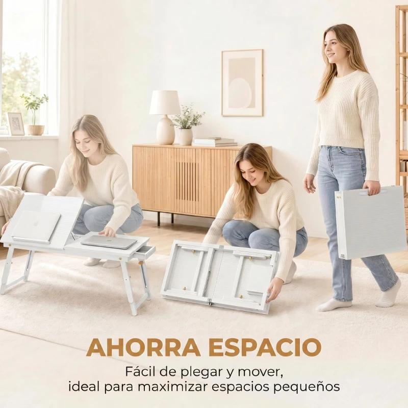 HOMCOM Mesa para Cama Plegable y Ajustable Superficie para Portátil en Bambú con Tablero Inclinable 83,5x33x34 cm Blanco