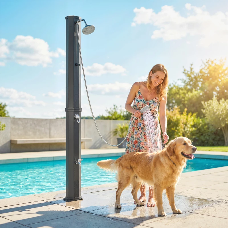 Outsunny Ducha Solar Jardín 60L con Cabezal Ducha de Mano Grifo para Pies y Temperatura Ajustable Máx. 60 °C para Piscina Negro