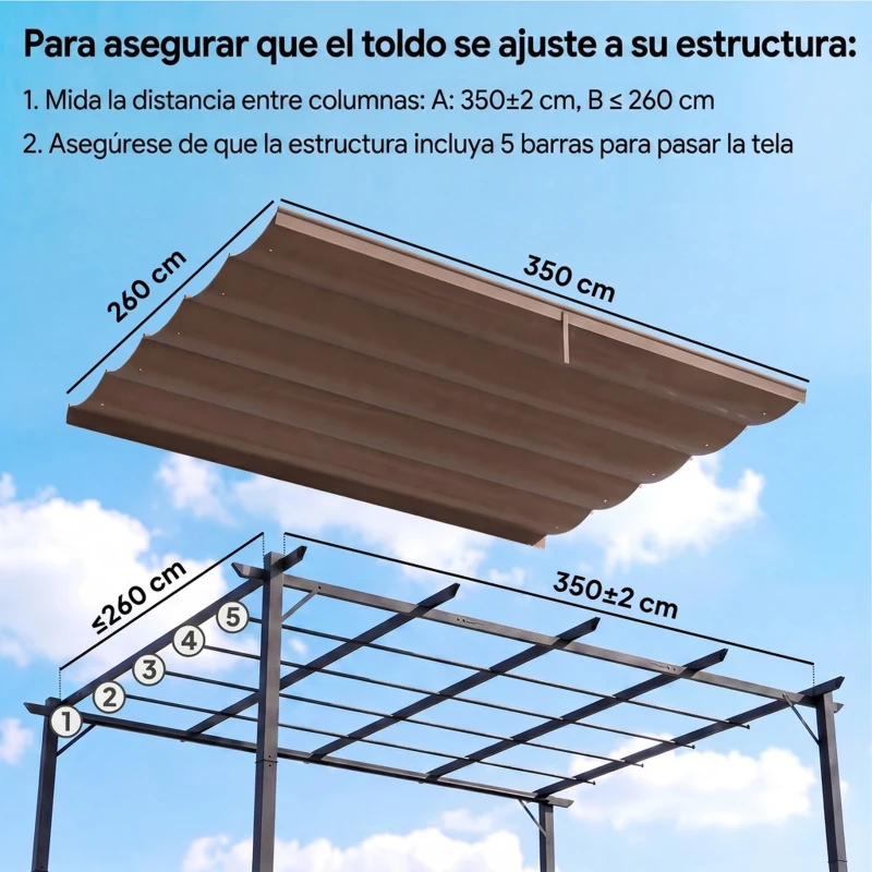 Outsunny Cubierta para Techo Retráctil de 3,5x2,6m para Pérgola de 4x3 Tela de Repuesto con 10 Orificios de Drenaje Café