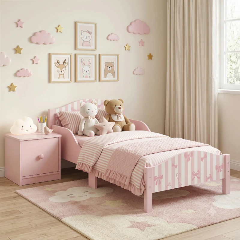 AIYAPLAY Cama Montessori para Niños 3-6 Años 146x76,5 cm con Protectores Anticaídas Forma de Lazo para Dormitorio Rosa