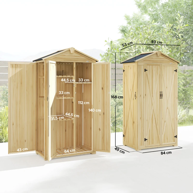 Outsunny Caseta de Jardín de Madera 93x53x168 cm Armario para Herramientas con 4 Estantes 3 Puertas y Ganchos Madera Natural