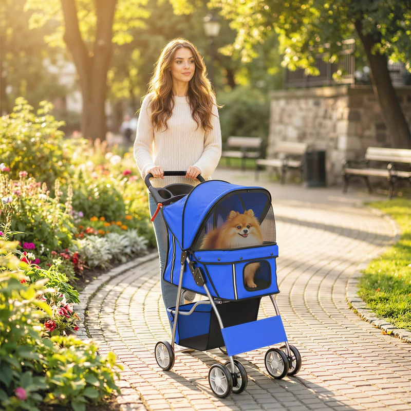 PawHut Carrinho para Cães Pequenos com Cesta de Armazenamento Suportes para Copos Rodas e Almofada Lavável 77x44x102 cm Azul