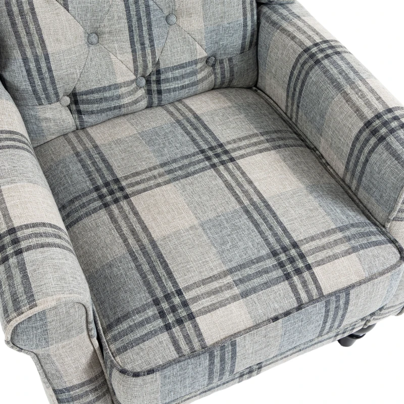 HOMCOM Faux Linen Armchair with Thick Spring Cushion, Wingback Accent Chair with High Back, Solid Wood Legs, Mixed Plaid