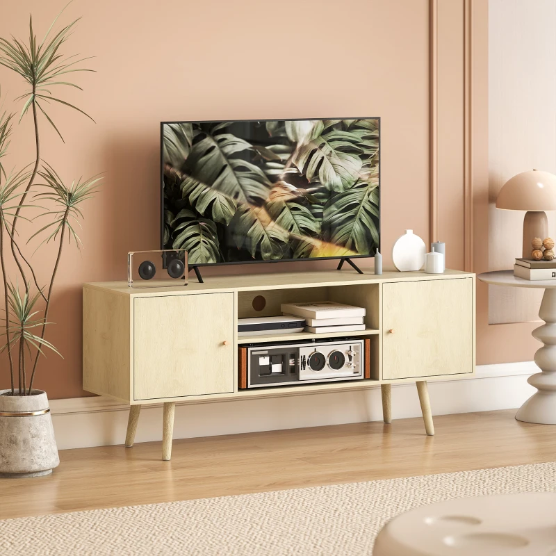 HOMCOM Comodă TV pentru Televizoare de Până la 55", cu 2 Dulapuri și 2 Rafturi, Culoare Lemn
