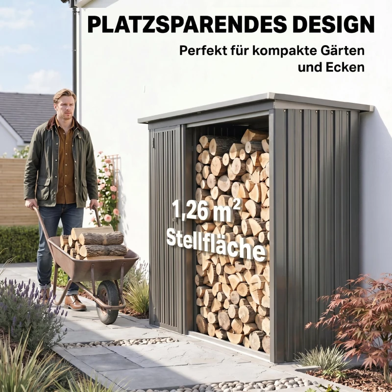 Outsunny 2-in-1 Kaminholzregal Außen verzinkter Stahl 235 x 67 x 149 cm Brennholzregal mit Geräteschrank Schrägdach Dunkelgrau