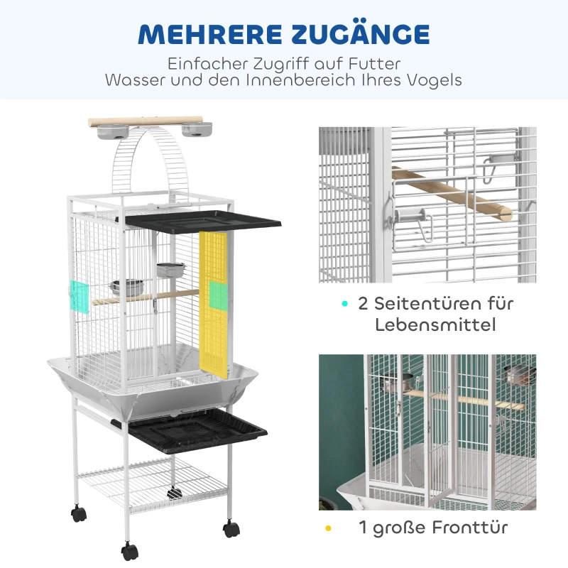 PawHut Vogelkäfig, Papageienkäfig mit 3 Türen, 2 Sitzstange, 360° Rollen, Futternapf, Ablage, Freisitz, 62,5x62,5x156cm, Weiß