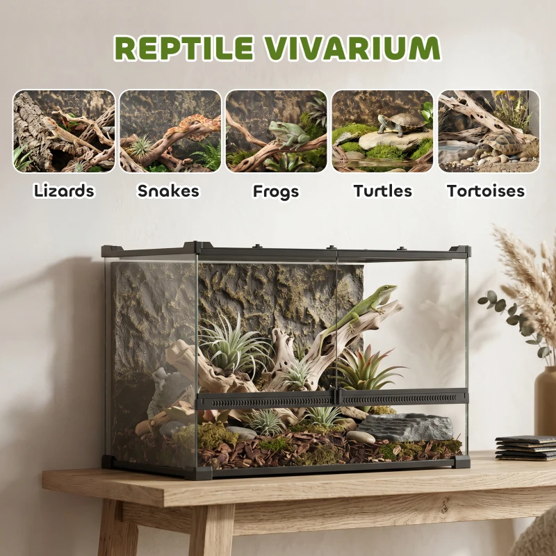 PawHut Reptile Glass Terrarium with Stone Background, Front Ventilation, Escape-Proof Knob Lock, 50 x 30 x 35 cm, Black