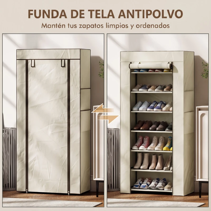 HOMCOM Zapatero de 7 Niveles, Zapatero Estrecho de Acero con Funda de Tela no Tejida 2 Bolsillos para 14-21 Pares Beige