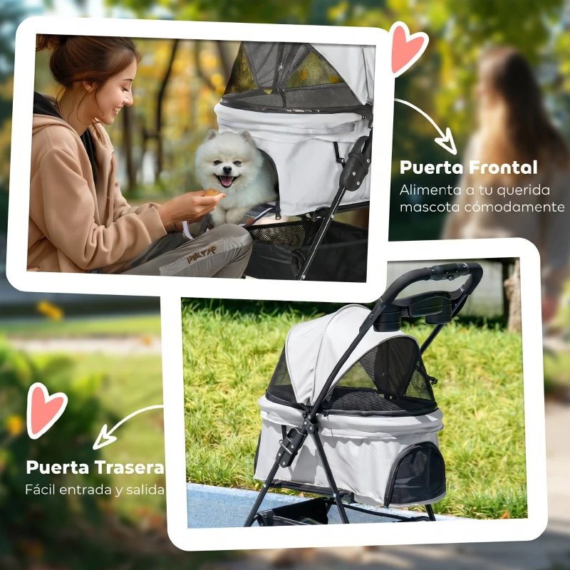 PawHut Carrito para Perros Pequeños con 4 Ruedas Freno Cesta Capota Correas de Seguridad y Ventanas 67x45x96 cm Gris Claro