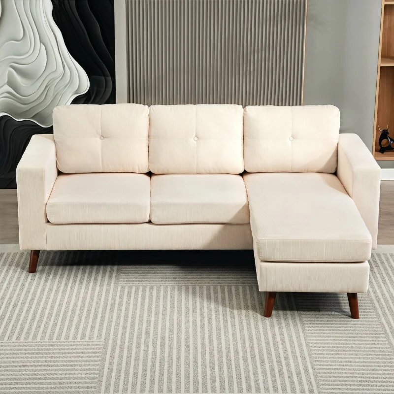 HOMCOM Sofá Chaise Longue Reversível de 3 Lugares Estofado em Veludo Estrutura de Aço Para Salas Pequenas Creme