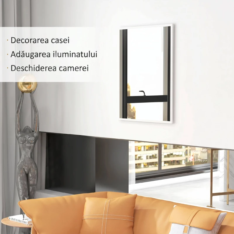 HOMCOM Oglindă de Perete din Sticlă și MDF, 70x90 cm, Alb