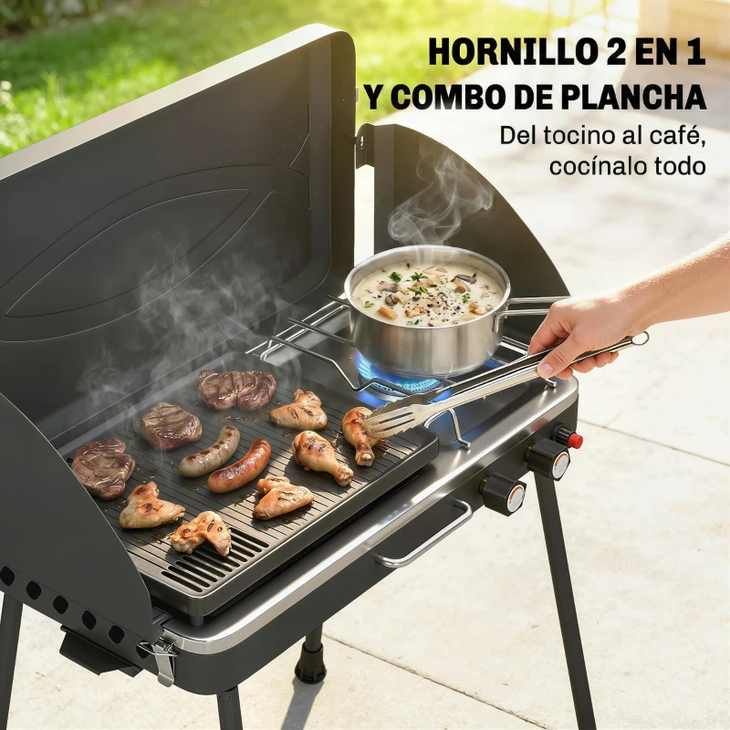 Outsunny Barbacoa de Gas Portátil 2 en 1 Propano 7 kW de Mesa o de Pie con Plancha Grande Patas Desmontables Negro