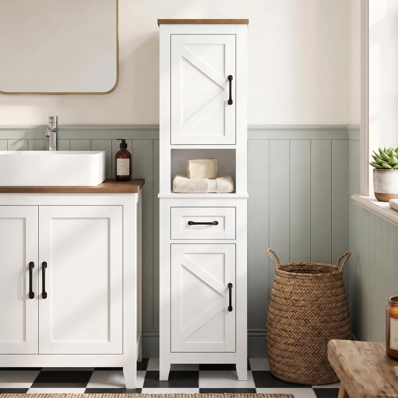 HOMCOM Armario de Baño Alto y Estrecho Rústico con Cajón Estante Abierto Puertas y Estantes Ajustables 34,5x30x148 cm Blanco