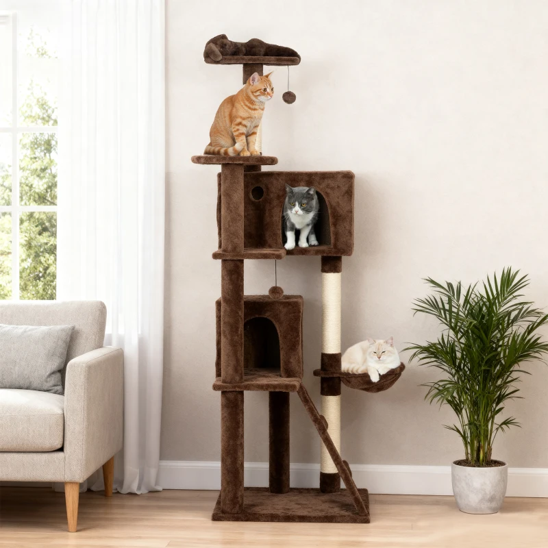 PawHut Árbol Rascador para Gatos 180 cm con Plataformas Cama 2 Cuevas Hamaca Escalera Postes de Sisal Marrón