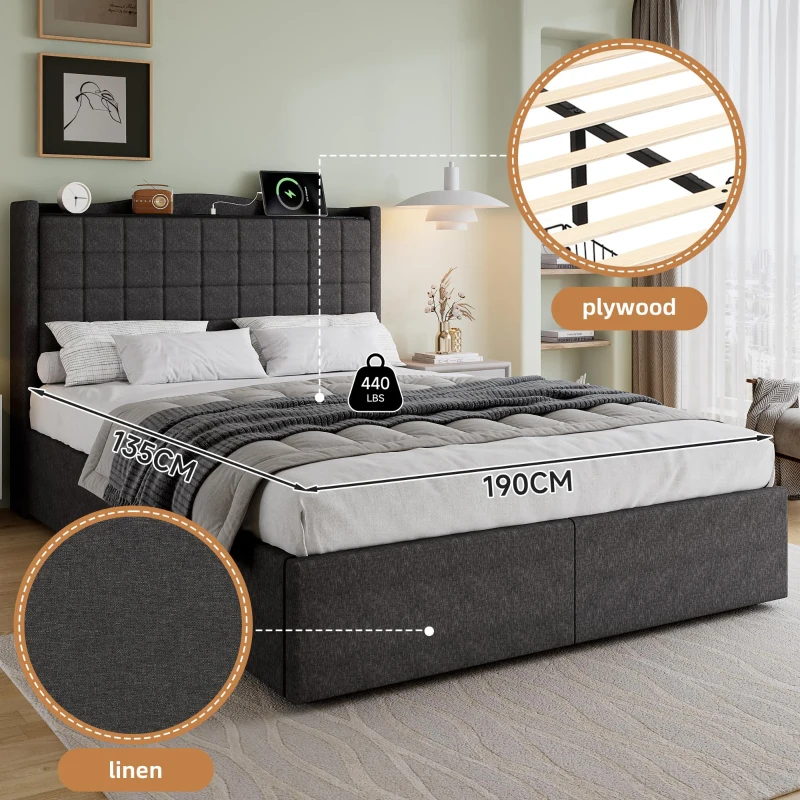 Spacious Upholstered Bed with 4 Under‑Bed Drawers, Cozy Bed Frame with Soft Headboard and Linen Surface, 208L x 140W x 111H cm, Grey