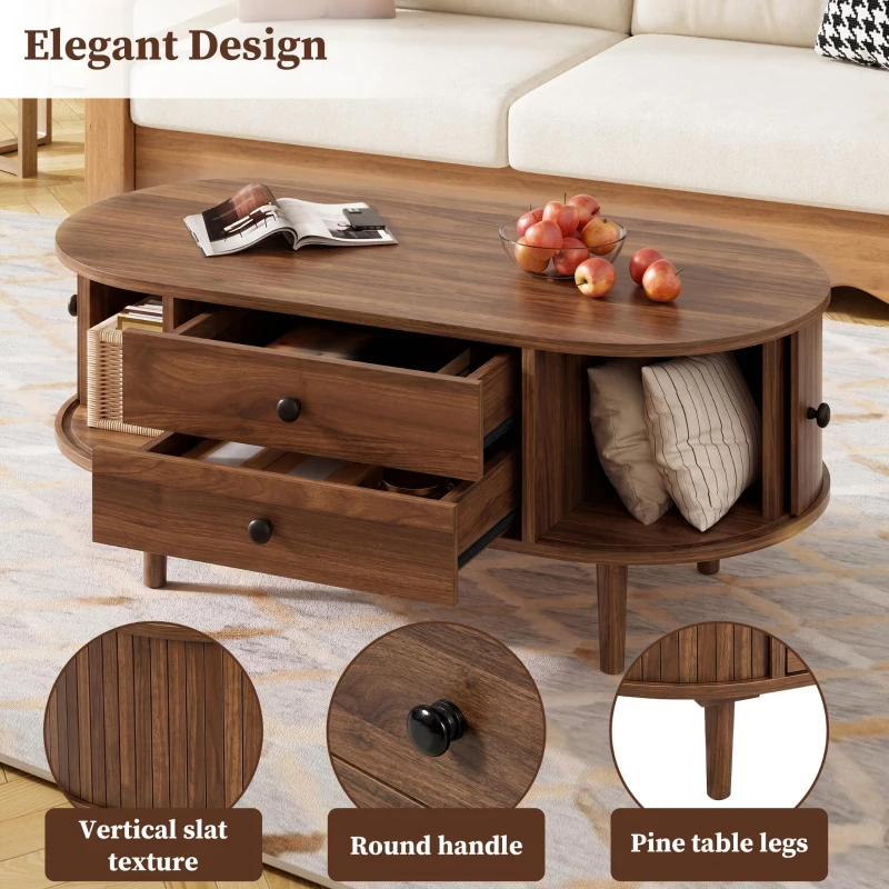 Spacious Room Table with Sliding Doors and 2 Drawers, Retro Oval Coffee Table with Vertical Slats and Clean Lines, 100L x 50W x 40H cm, Walnut