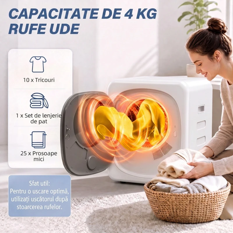 HOMCOM Mini Uscător de Rufe Portabil 2.5 kg, 5 Programe, 800W, Încărcare Frontală, Tambur Inox, pentru Acasă, Alb