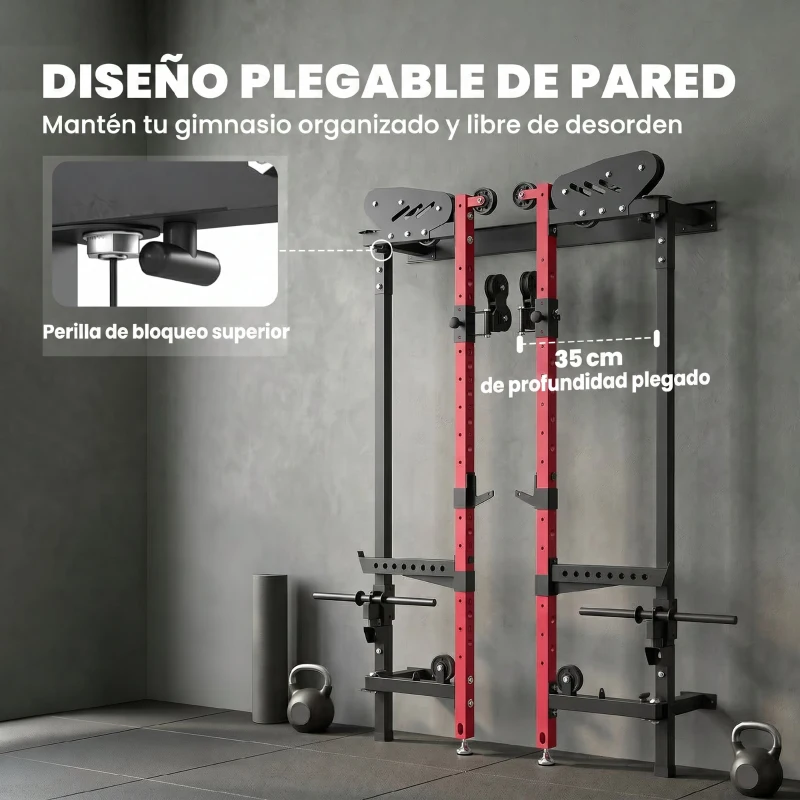 SPORTNOW Jaula de Potencia Plegable Rack para Sentadillas con Barra de Dominadas Sistema de Poleas Carga 700 kg Rojo