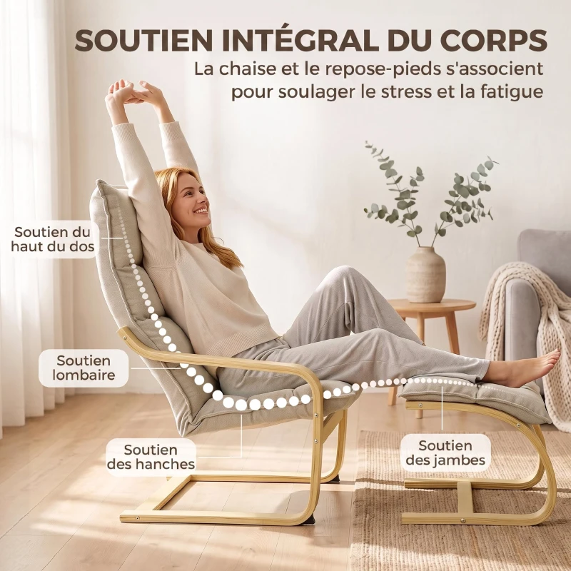HOMCOM Fauteuil de Salon avec Repose-Pied, Fauteuil d'Appoint en Lin, Assise Large, Dossier Haut, Bascule Douce, Beige