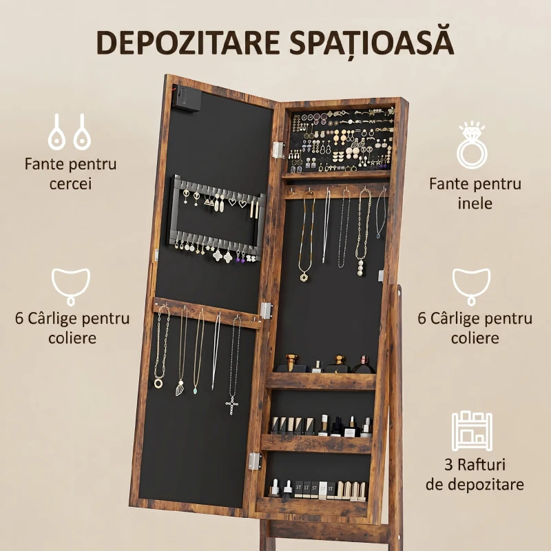 HOMCOM Dulap pentru Bijuterii cu Oglindă Reglabilă și Lumini LED 36x30x136 cm Maro Rustic