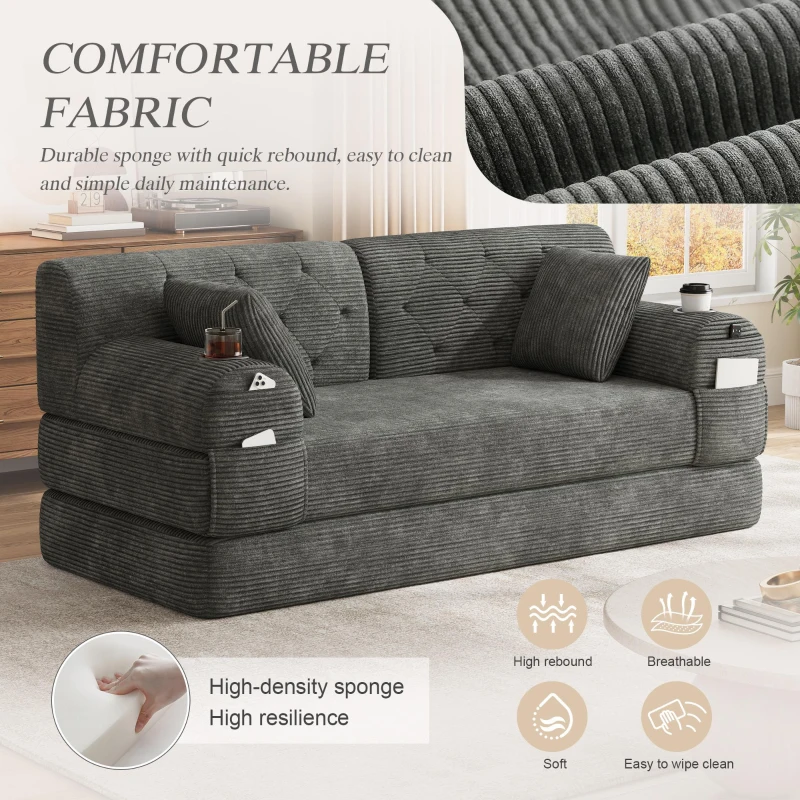 Corduroy Convertible Sofa Bed with Metal Frame and High-Density Foam, 2-Seater Sleeper Sofa with High Backrest, 168L x 80W x 81H cm, Dark Gray