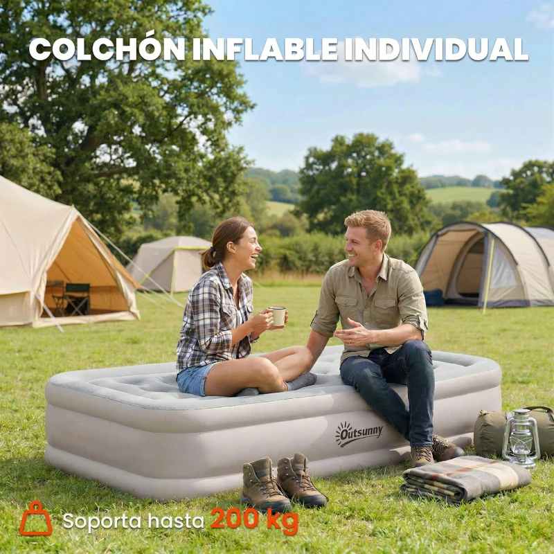 Outsunny Colchón Hinchable Individual Plegable con Bomba Inflado 3 Min Desinflado 2 Min Bolsa Carga 200 kg 190x97x39 cm Caqui
