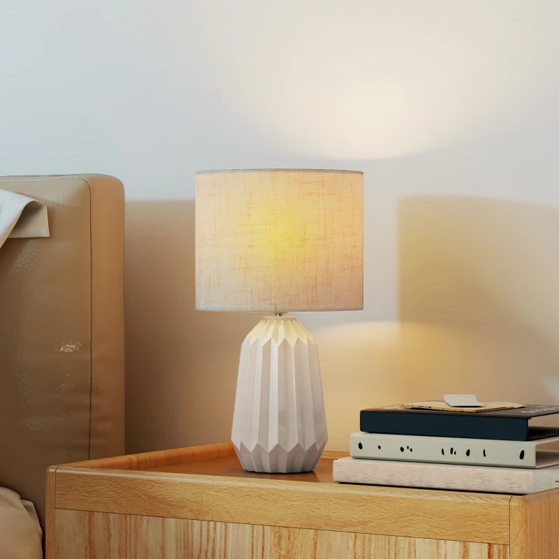HOMCOM Tischlampe, Tischleuchte, Nachttischlampe mit Leinenschirm, Wippschalter, Schreibtischlampe, 22 x 22 x 39 cm, Beige
