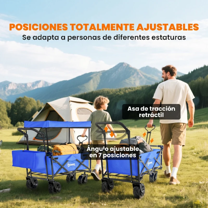 Outsunny Carro de Transporte Plegable con Toldo y Asa Telescópica Carga Máx. 68 kg para Playa Camping 117x55x98cm Azul