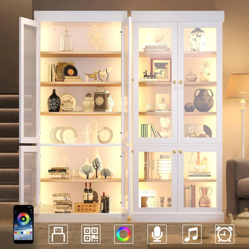 Modern Display Cabinet with Integrated LED Mood Lighting, Adjustable-Shelf Tall Bookcase for Industrial Interiors, 80L x 40W x 180H cm, White