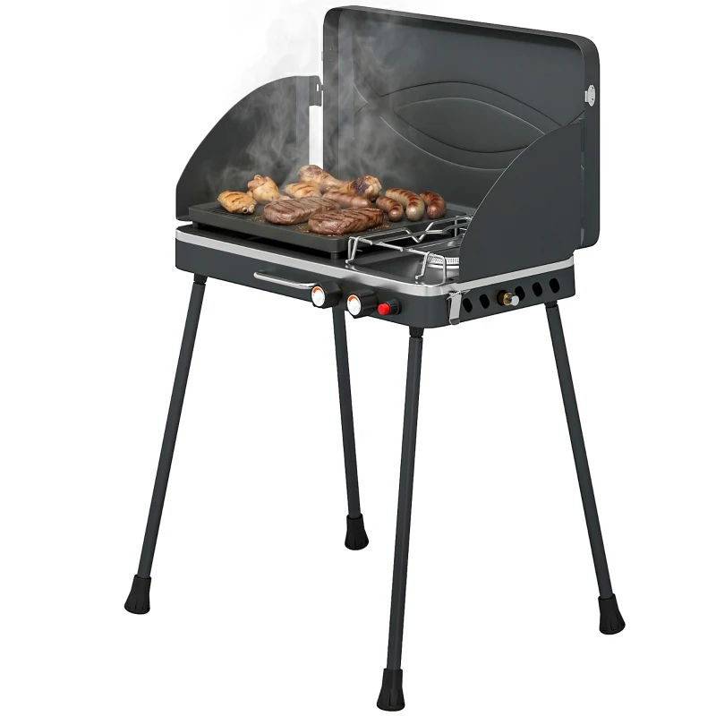 Outsunny Barbacoa de Gas Portátil 2 en 1 Propano 7 kW de Mesa o de Pie con Plancha Grande Patas Desmontables Negro