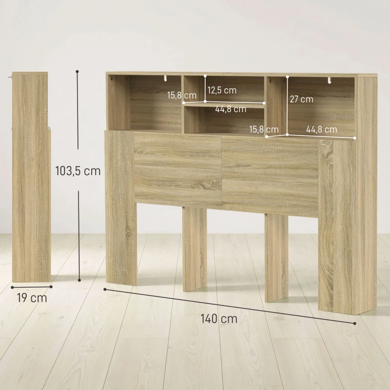 HOMCOM Cabecero de Cama 140 cm con Almacenaje Cabezal de Cama con 4 Compartimentos Abiertos para Dormitorio Roble