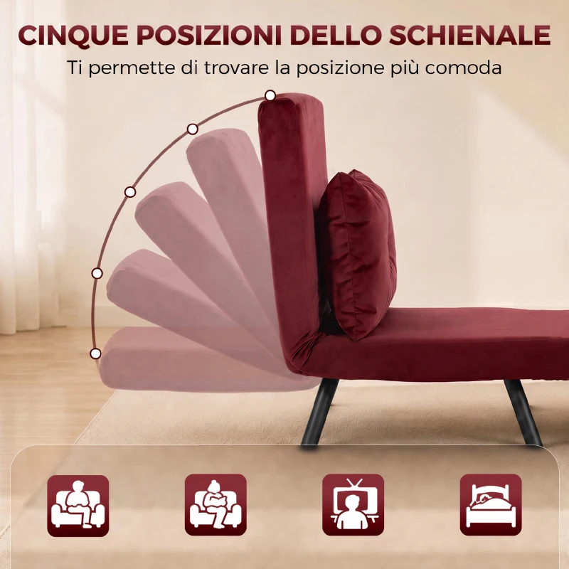 HOMCOM Poltrona Letto Imbottita 3 in 1 con Schienale Reclinabile in 5 Posizioni e Cuscino, 63x73x81 cm, Rosso Vino