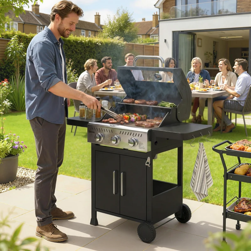 Outsunny Barbacoa de Gas con 3 Quemadores 7,5 kW Termómetro Parrilla Plancha Mesas Laterales Armario Ruedas 125x57x110 cm Negro