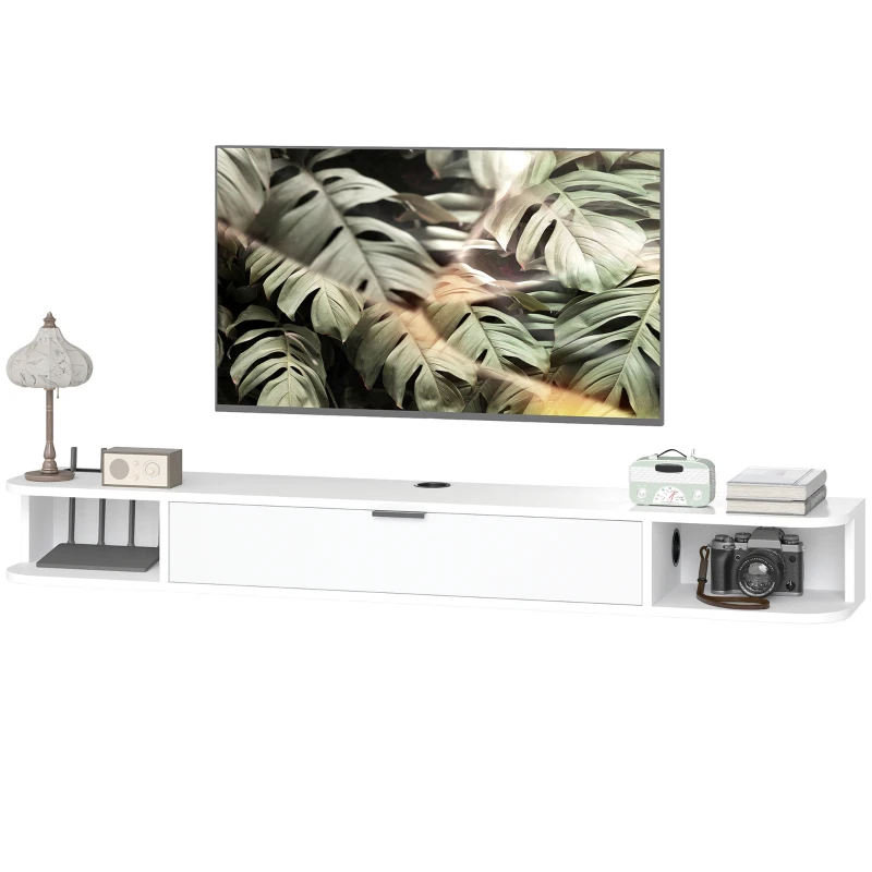 HOMCOM Móvel TV Suspenso, Móvel para Televisor até 60 Polegadas, Gaveta Rebatível, 2 Prateleiras, 140x24x16cm, Branco
