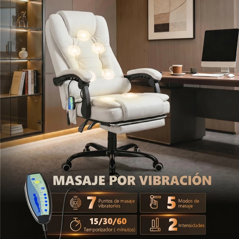 Vinsetto Silla de Oficina con 7 Puntos de Masaje con Reposapiés Retráctil Altura Ajustable Control Remoto y Tejido de PU Blanco