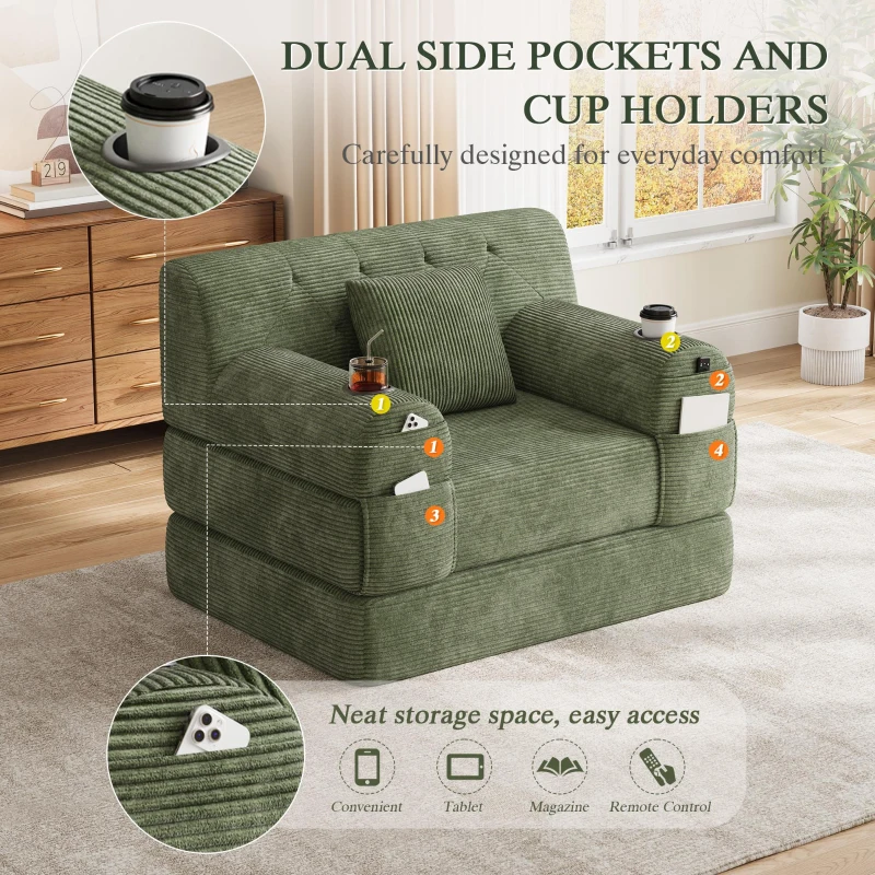 1-Seater Sleeper Sofa with Metal Frame and High-Density Foam, Single Convertible Chair Bed for Cosy Interiors, 107L x 80W x 81H cm, Green