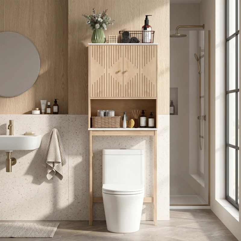 HOMCOM Mobile Sopra WC con Armadietto a 2 Ante e Ripiano Aperto, Barra Inferiore, 66x25x168 cm, Rovere