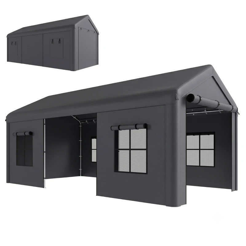 Outsunny 3 x 6 m Heavy Duty Carport, Portable Garage Car Canopy Tent with Galvanised Frame, Doors, Windows, Dark Grey