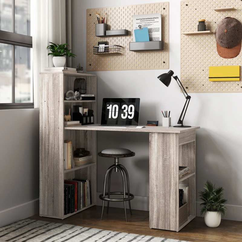 HOMCOM 120cm Computer Desk, Wooden PC Laptop Table with 6-Tier Storage Bookshelves, Home Office Working Study Desk, Writing Workstation, Grey