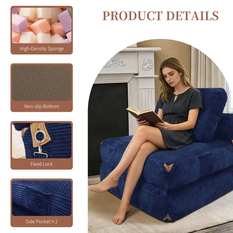 3-in-1 Convertible Corduroy Floor Sofa Bed with Side Pockets, Oversized Chaise Lounge for Bedrooms or Student Dorms, 87L x 86W x 40H cm, Blue