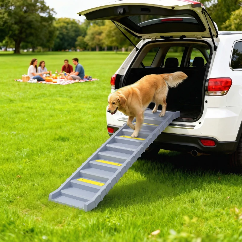 PawHut Dog Car Ramp with Anti-Slip Steps, 10-Steps Pet Stairs for Pets to Access Cars and High Beds, Grey