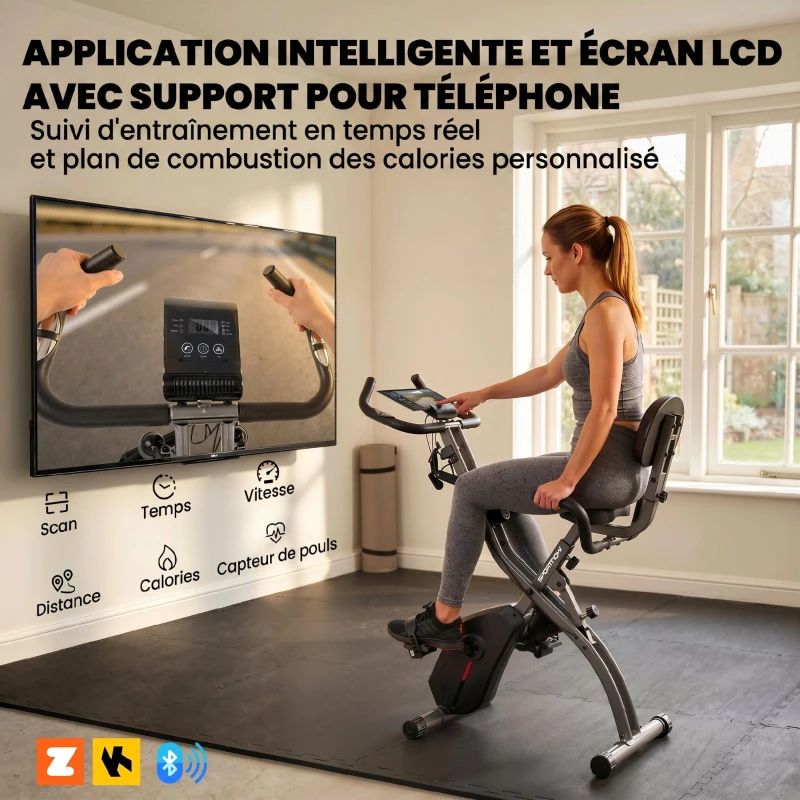SPORTNOW Vélo d'Appartement Pliable Vélo de Fitness 3 en 1 Silencieux Connecté Kinomap Bluetooth et Zwift 105x53,5x109cm Noir