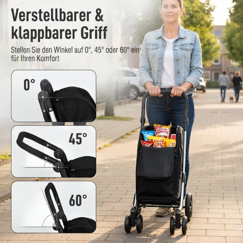 HOMCOM Einkaufstrolley, 46 Liter Tasche, Faltbarer Einkaufswagen mit Kühltasche, verstellbarer Griff, Aluminiumrahmen, Schwarz